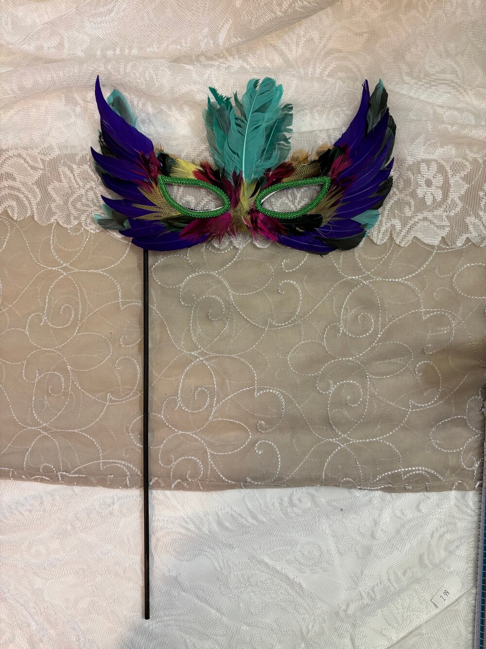 Masquerade Mask Feather Trimmed Green Eye Outline Colorful Feathers